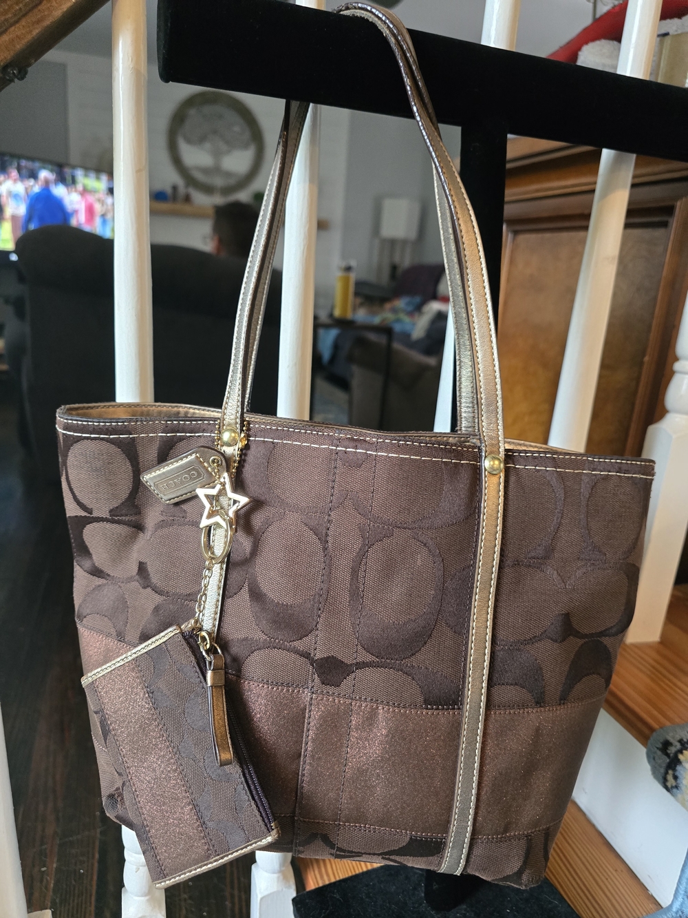 Coach Brown Signature Tote with Metallic Trim and Pouch